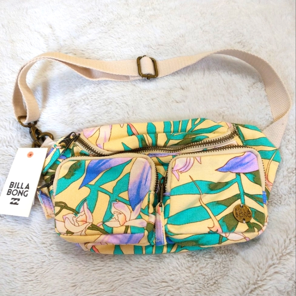 Billabong NWT Yellow/Multi Floral Double Trbl Fanny Pack Travel Zip Pocket Bag S
